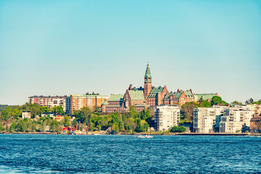 View of the cityscape and waterfront of Slussen Sodermalm island, Stockholm, Sweden.