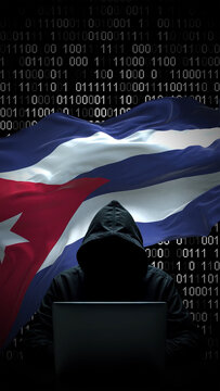 Cuba flag - 3D realistic waving flag on matrix digital background with binary code