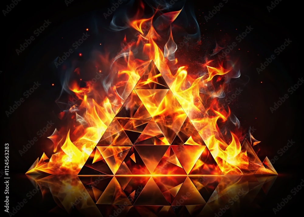 Poster abstract fire flame on black background in tilt-shift photography style with triangles for modern ar