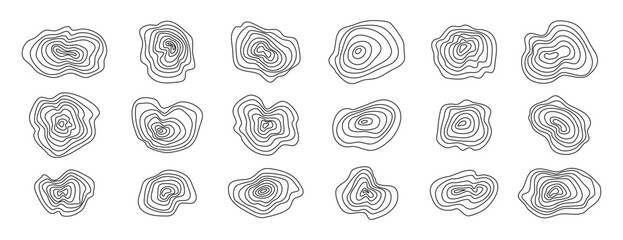 Organic textures of mountains set topographic lines. Abstract wooden round shapes. Vector scribbles