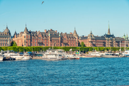 Strandvagen promenade in Ostermalm city center with boats and ferries, Stockholm, Sweden.