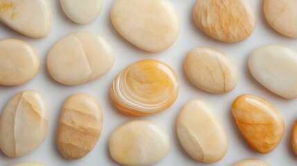 Obraz premium A collection of smooth, polished stones in soft beige and cream tones, arranged closely together on a light background.