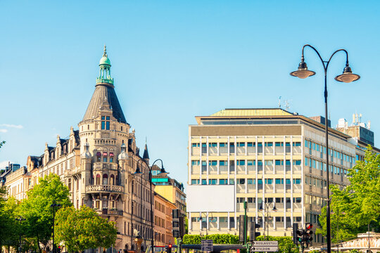 Svampen Stureplan with several hotels in Ostermalm, Stockholm, Sweden on a clear day.