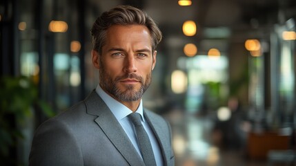 Businessman in Gray Suit Confidently Smiling in Modern Office Setting