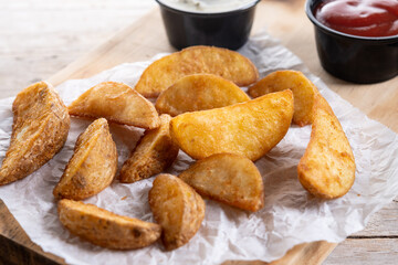 Fried potato wedges with sauces on wooden table