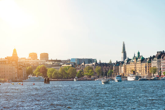 View of the Waterfront at Ostermalm with the famous promenade Strandvagen in Stockholm, Sweden.