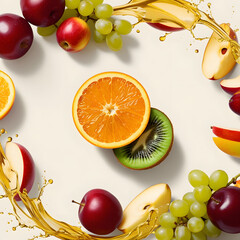 A colorful arrangement of fresh fruits, including oranges, grapes, and kiwis, beautifully styled in a circular pattern