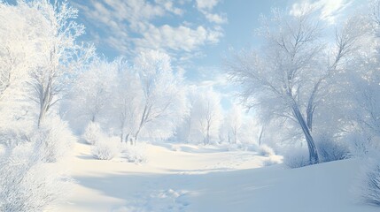 A tranquil snowy landscape with snow-covered trees and soft light blue skies, plenty of space for text or design