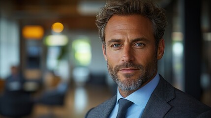 Fototapeta premium Professional portrait of businessman in modern office setting with natural lighting and blurry background