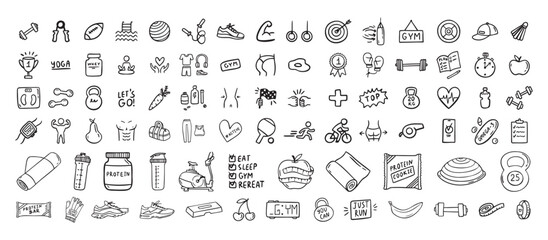 Fitness, sport and health icons doodle hand drawn set. Healthy lifestyle isolated symbols © Yanka