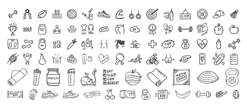 Fitness, sport and health icons doodle hand drawn set. Healthy lifestyle isolated symbols