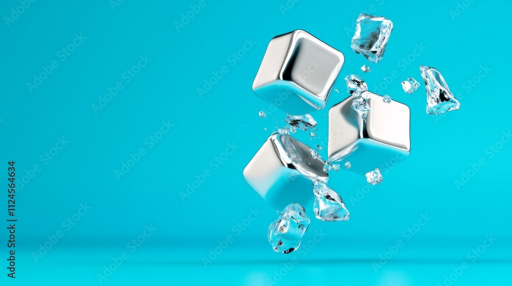 Poster a blue background with three cubes of ice on it. the cubes are broken and scattered around the backg