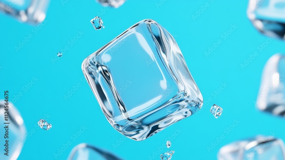 Poster a cube of ice is floating in the air. the cube is surrounded by other cubes of ice, creating a sense