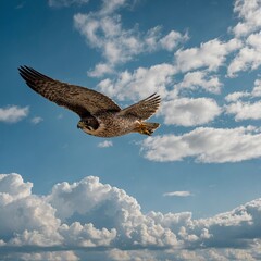 Fototapeta premium A falcon mid-dive with clouds in the background.