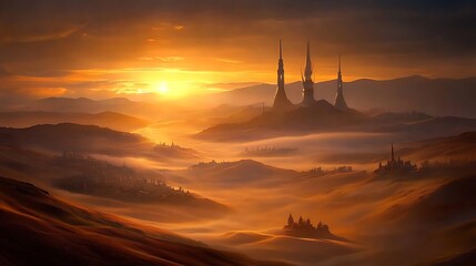Obraz premium Golden Sunset Over Desert Cityscape With Towers