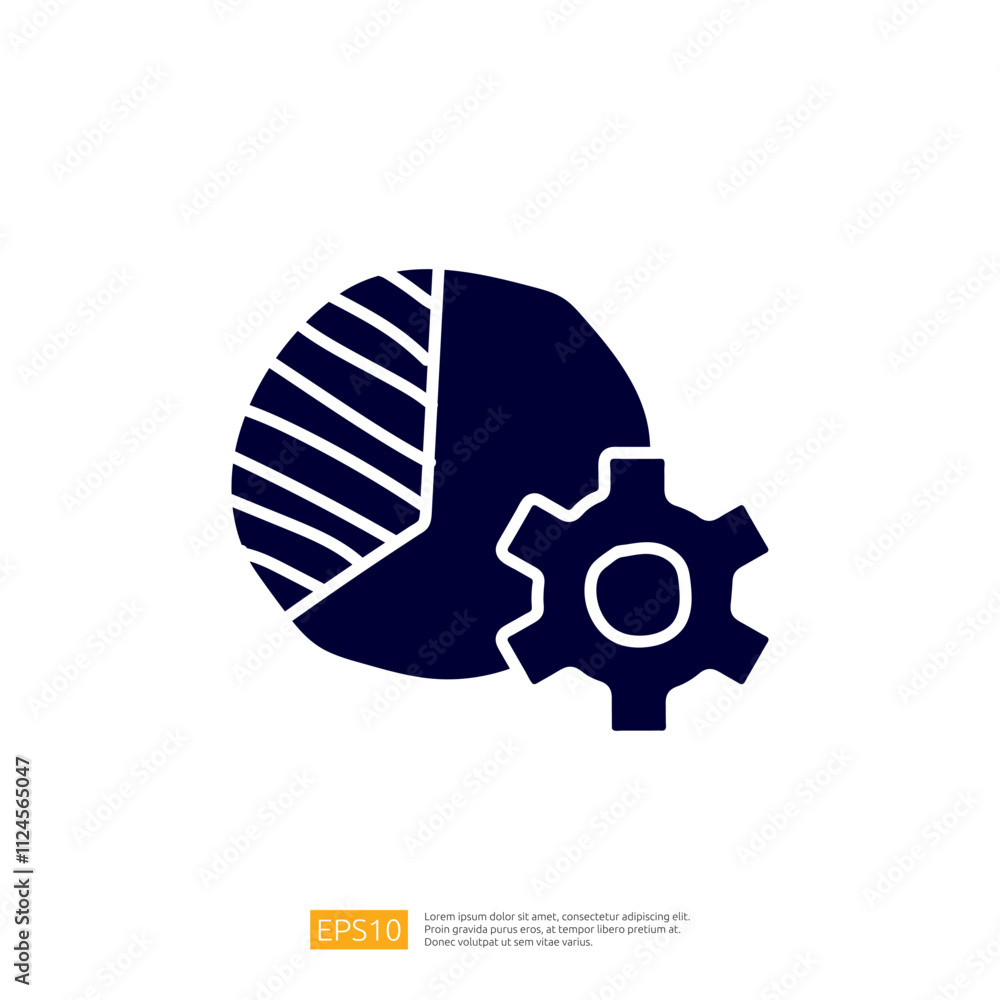 Poster a graphic representation featuring a pie chart and a gear, symbolizing data analysis and mechanical 