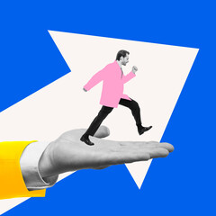 Contemporary art collage. Businessman stepping forward on oversized hand, symbolizing guidance in...