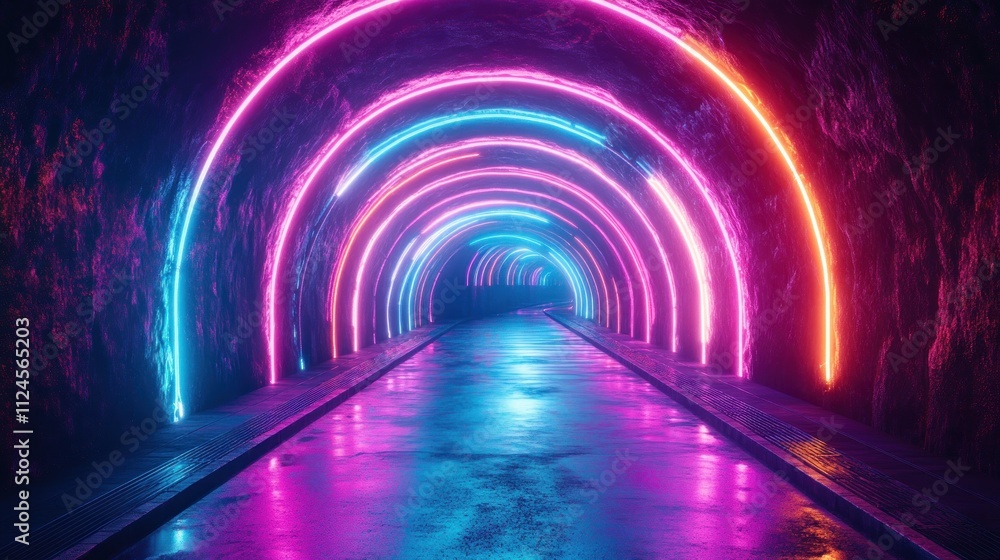 Poster futuristic cyberpunk neon tunnel light background abstract virtual reality scene