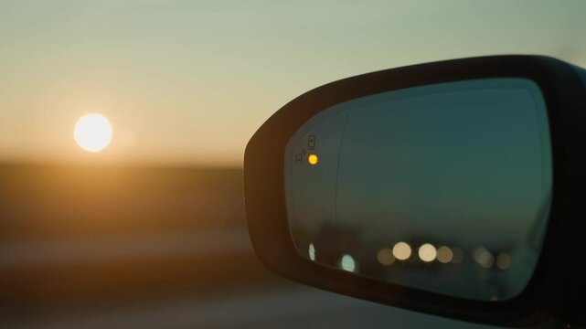 Car driving on highway at sunset with working blind spot alert in rear view mirror. Modern vehicle assistant warns of vehicles approaching from behind. Technology for safety driving