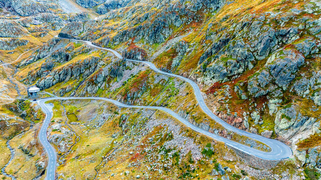 Aerial view of the winding road to the Great Sankt Bernhard pass in the Wallis Alps, Switzerland.