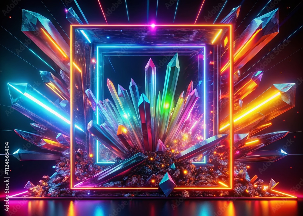 Poster abstract futuristic 3d animation of glowing lines and crystals on neon background with square frame 