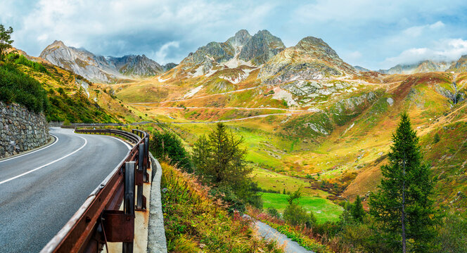 Scenic view of the road to the Great Sankt Bernhard pass in the Wallis Alps, Switzerland.