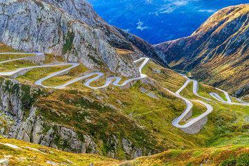 Scenic view of the winding Tremola road in the Swiss Alps, Kanton Tessin, Valley Leventina.