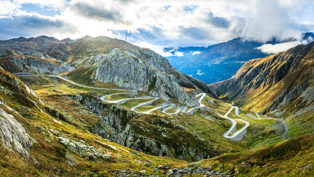 Scenic view of the winding Tremola road leading to Gotthardpass in the Swiss Alps, Kanton Tessin, Valley Leventina.