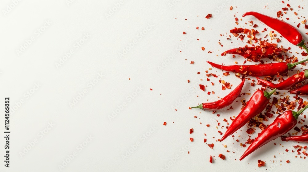 Poster a close up of red peppers with some red pepper flakes on a white background. the peppers are arrange