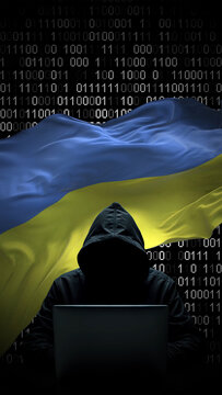 Ukraine flag - 3D realistic waving flag on matrix digital background with binary code