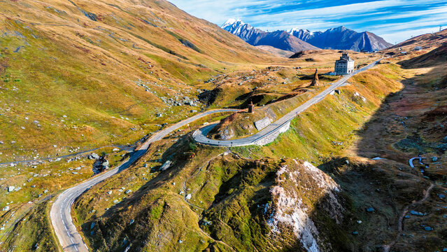 Aerial view of the road to Little Saint Bernard Pass in the Grajischen Alps, France