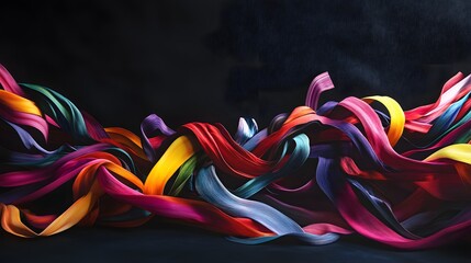 Fototapeta premium A surreal abstract scene with flowing ribbons of bright colors against a dark background, large empty space for focus