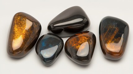 A collection of polished gemstones featuring rich colors and smooth surfaces, showcasing their natural beauty and unique patterns.