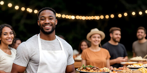 Smiling black man in apron holding plate of food at outdoor multicultural celebration with string lights and diverse group of people, perfect for diversity, multicultural community, and festive themes
