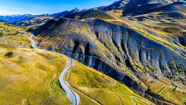 Aerial view of the road at Col de Vars in the French Alps