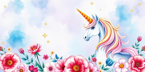 Fototapeta premium Watercolor floral birthday invitation with unicorn horn, unicorn, party