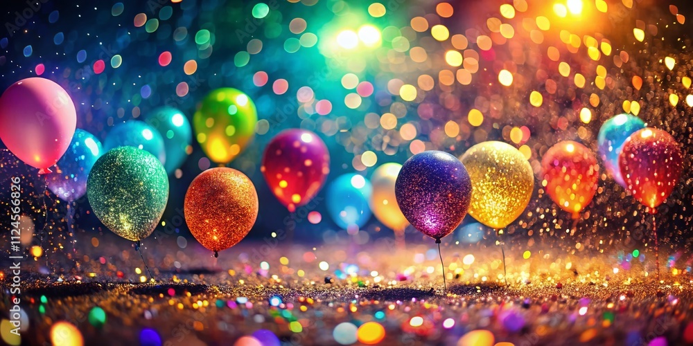 Poster abstract glitter balloons and confetti backdrop with long exposure light bokeh effect for memorable 
