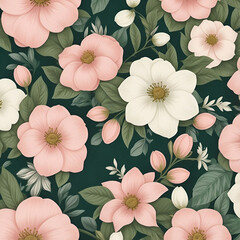 Floral Pattern. Pink and white flowers pattern on a green background. Soft and charming floral design, perfect for fabrics, wallpapers, and decorative projects.
