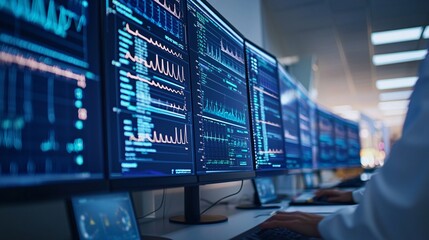 biotechnology data analytics technology workspace with graphs statistics and monitoring for efficiency and innovation.






