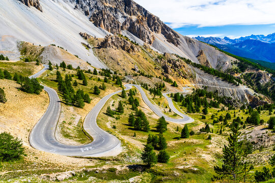 Scenic winding road through Col d'Izoard in the French Alps