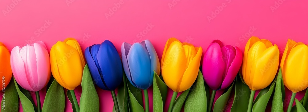 Poster a row of colorful tulips are arranged in a row on a pink background. the tulips are of different col