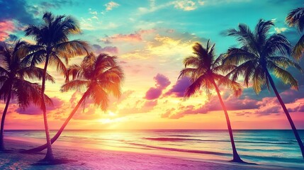 Tropical Sunset Paradise: Palm Trees Silhouettes On Tropical Beach At Sunset - Modern Vintage Colors