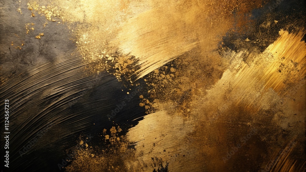 Poster abstract gold and bronze smear painting with black stain on textured paper background - ideal for ar