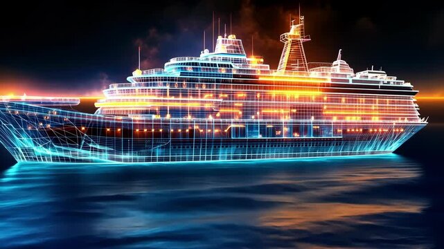 Futuristic holographic cruise ship with luminous digital lines at sea