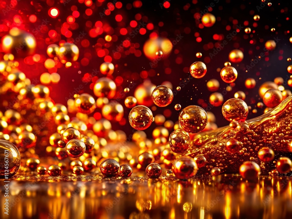 Poster abstract golden particles in a red liquid - mysterious fluid background with glittering gold on dark
