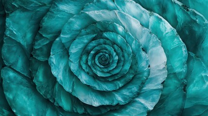 Obraz premium A close-up view of a spiraling, teal-hued plant formation, resembling a rosette or flower, showcasing intricate patterns and textures.