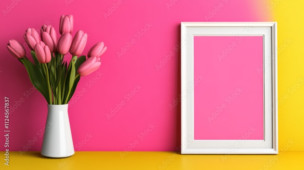 Poster a white frame sits on a yellow background with a vase of pink tulips in it. the frame is empty, and 