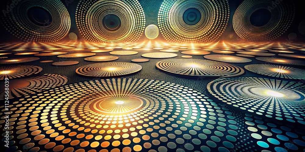 Aufkleber abstract gradient circles in clockwise twirl - hand-drawn stippled geometric structure for retro art