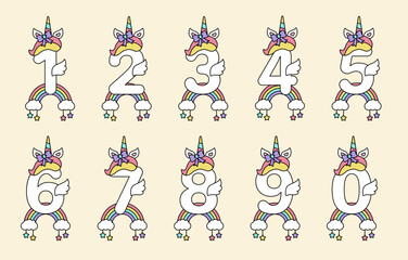 Unicorn numbers. Numbers with unicorn elements for birthday anniversary concept.