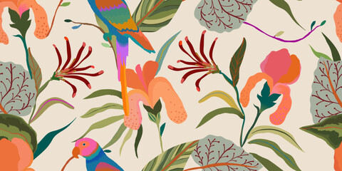 Elegant exotic hand drawn flowers pattern with parrot. Dynamic botanical print. Fashionable template for design. 